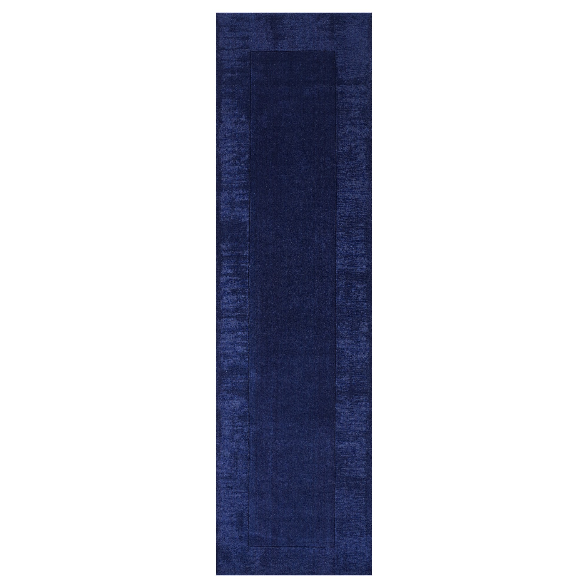 Handloom Plain Carved Border Wool Runner Rugs In Navy Blue